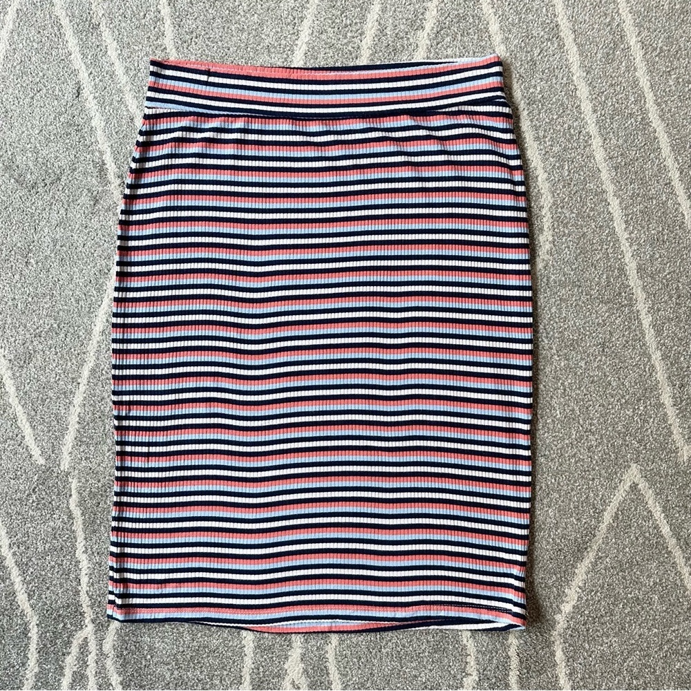 Le Lis Pink Navy White Striped Ribbed Stretch Pull on Pencil Skirt